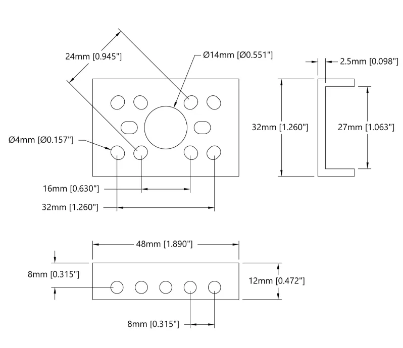3143 Series Mini Low-Side U-Channel (1 Hole, 48mm Length) technical drawing