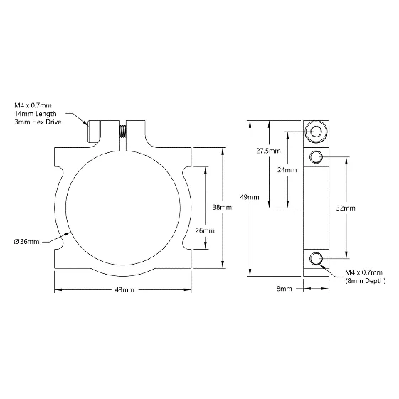 3401 Series 2-Side, 2-Post Clamping Mount (43mm Width, 36mm Bore) technical drawing