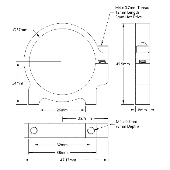 3400 Series 1-Side, 2-Post Clamping Mount (37mm Bore) technical drawing