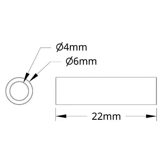 3502 Series 4mm ID Spacer (6mm OD, 22mm Length) technical drawing