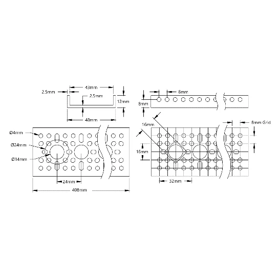 3121 Series Low-Side U-Channel (16 Hole, 408mm Length) technical drawing