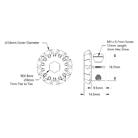 4306 Series Steel, MOD 1.5, Clamping Pinion Bevel Gear (8mm REX Bore, 14 Tooth) technical drawing