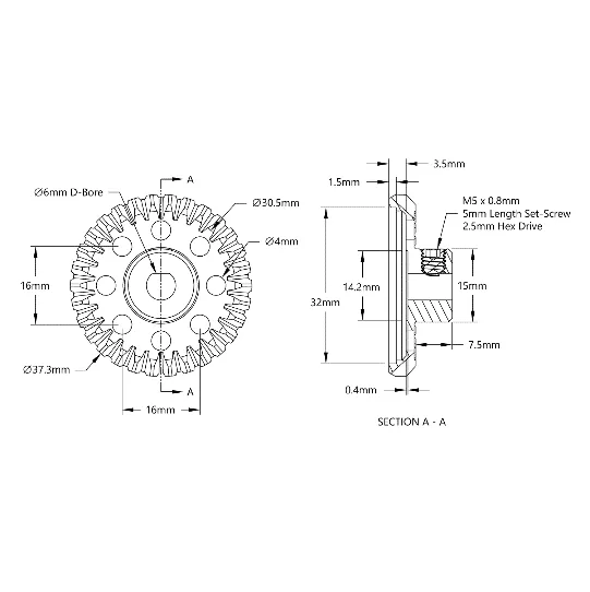 4315 Series Steel, MOD 1.25 Miter Gear (6mm D-Bore, 30 Tooth) technical drawing