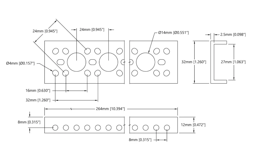 3143 Series Mini Low-Side U-Channel (10 Hole, 264mm Length) technical drawing