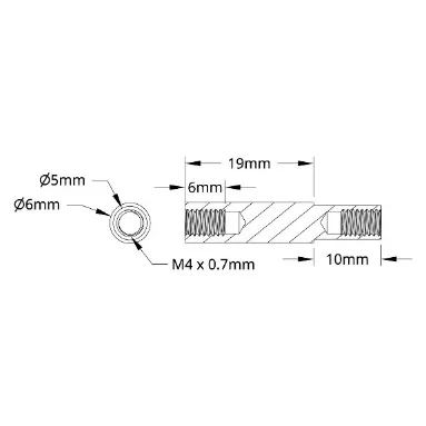3503 Series M4 x 0.7mm Shoulder Standoff (5-6mm OD, 10-19mm Length) technical drawing