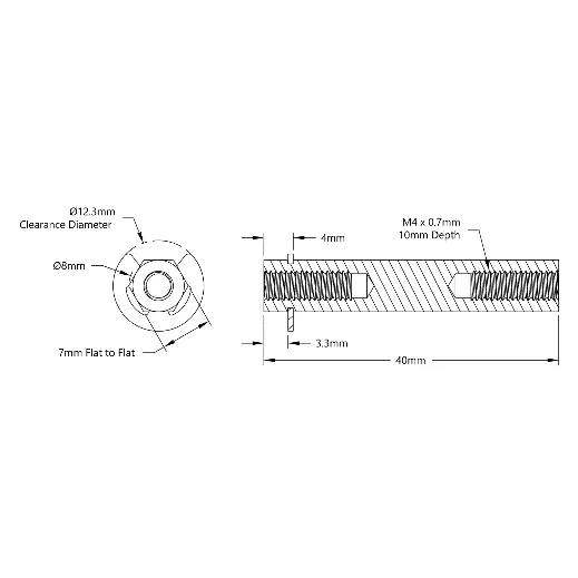 4106 Series Stainless Steel REX Shaft (8mm Diameter, 40mm Length) technical drawing