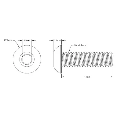 2802 Series Zinc-Plated Steel Button Head Screw (M4 x 0.7mm, 14mm Length) technical drawing