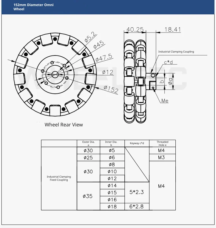 Heavy-duty 152mm wheel dimensions