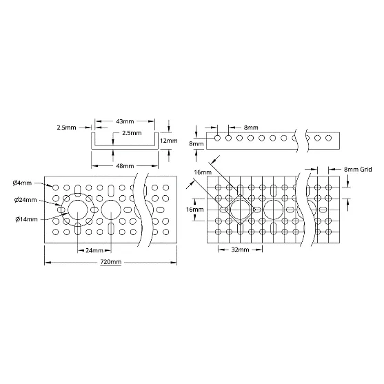 3121 Series Low-Side U-Channel (29 Hole, 720mm Length) technical drawing