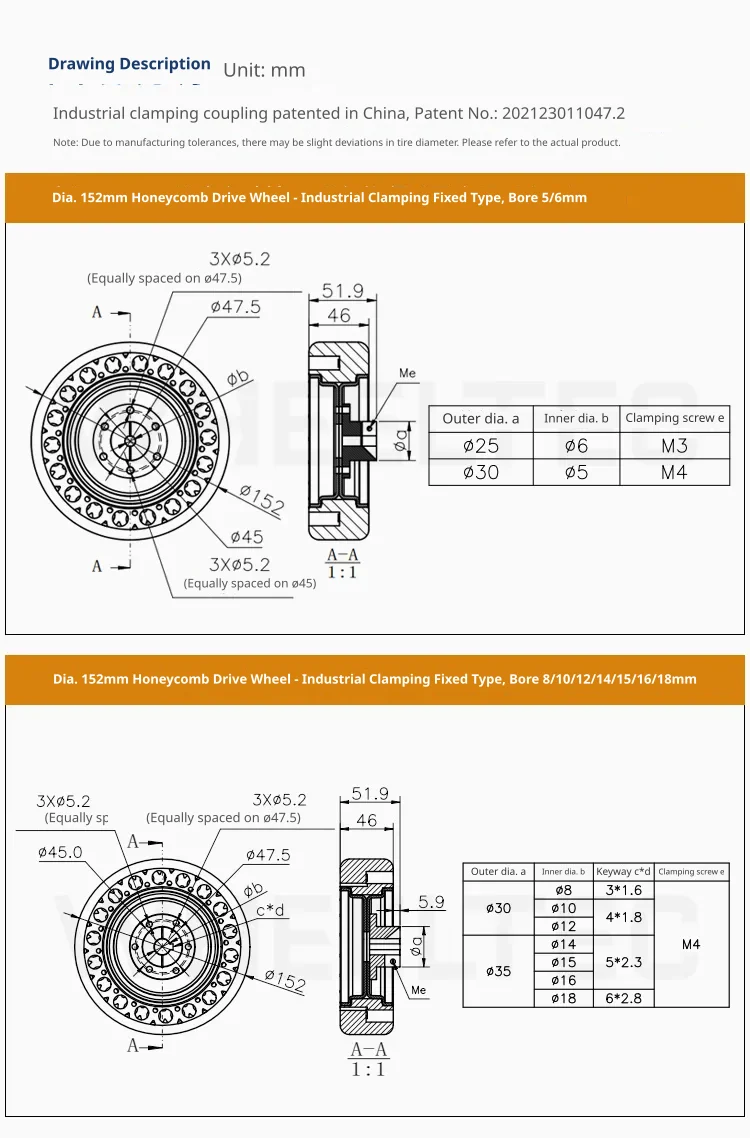 Technical specifications for 152mm wheels