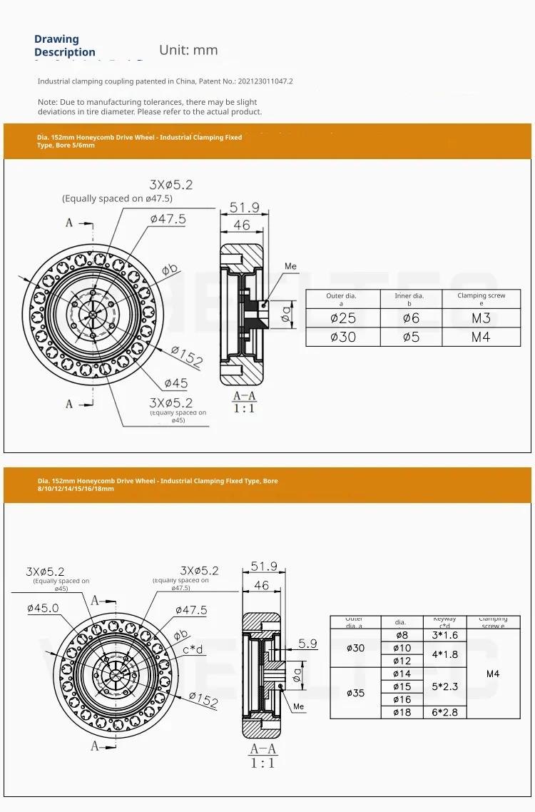 Technical specifications for 152mm wheels