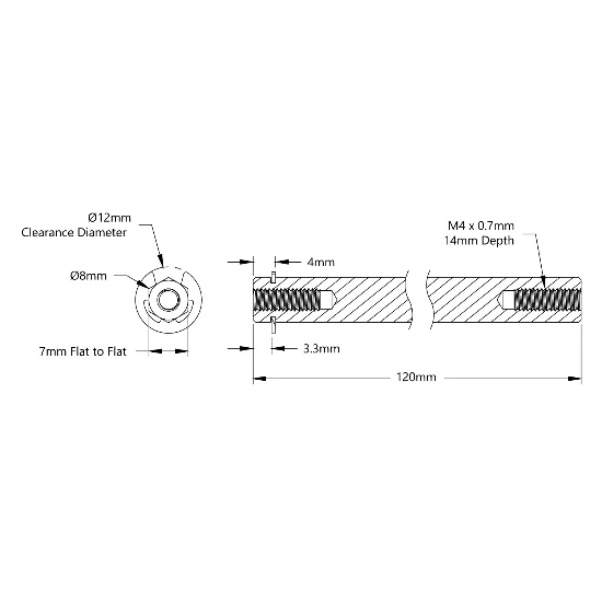 4106 Series Stainless Steel REX Shaft (8mm Diameter, 120mm Length) technical drawing