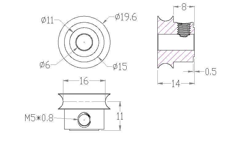 5401 Series Set Screw Round Belt Pulley (6mm Bore, 16mm PD) technical drawing