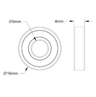 3600 Series Non-Flanged Ball Bearing (6mm ID x 16mm OD, 4mm Thickness) technical drawing