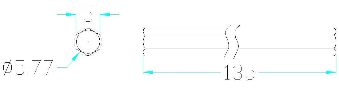 4102 Series Stainless Steel REX Shaft (5mm Diameter, 135mm Length) technical drawing