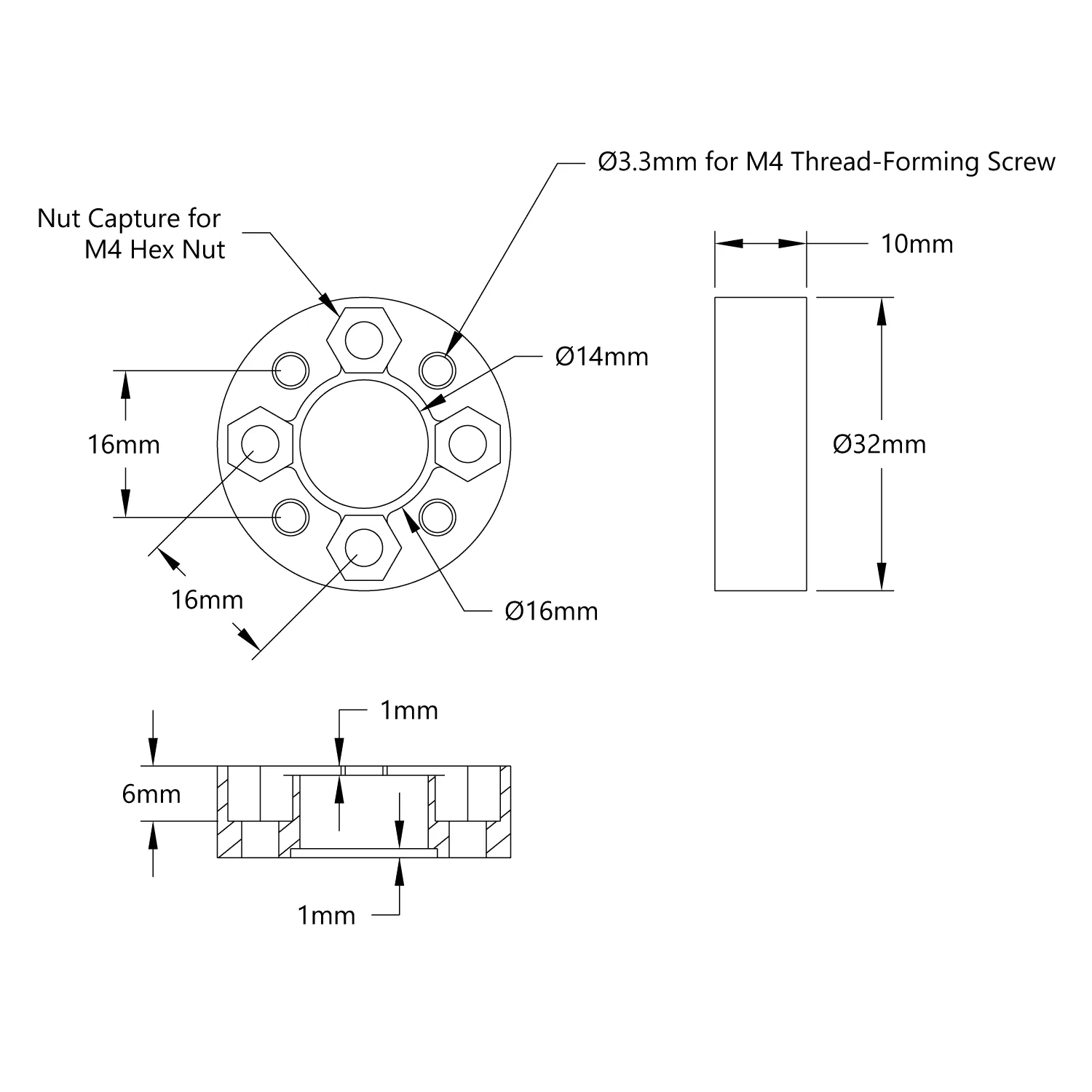 3526 Series 32mm OD Plastic Pattern Spacer (10mm Length) - 2 Pack technical drawing
