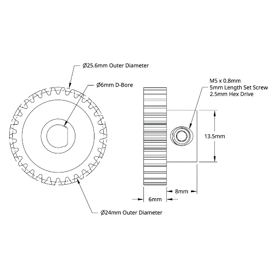 4301 Series Brass, MOD 0.8, D-Bore, Set Screw Pinion Gear (6mm D-Bore, 30 Tooth) technical drawing
