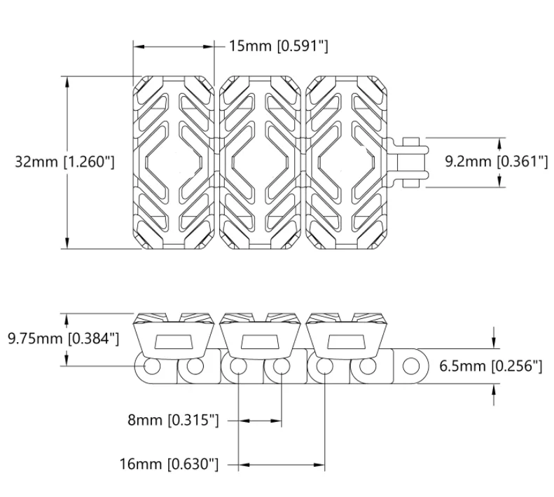 Tumbleweed Tank Track (800mm Length, 50A Durometer Treads) technical drawing