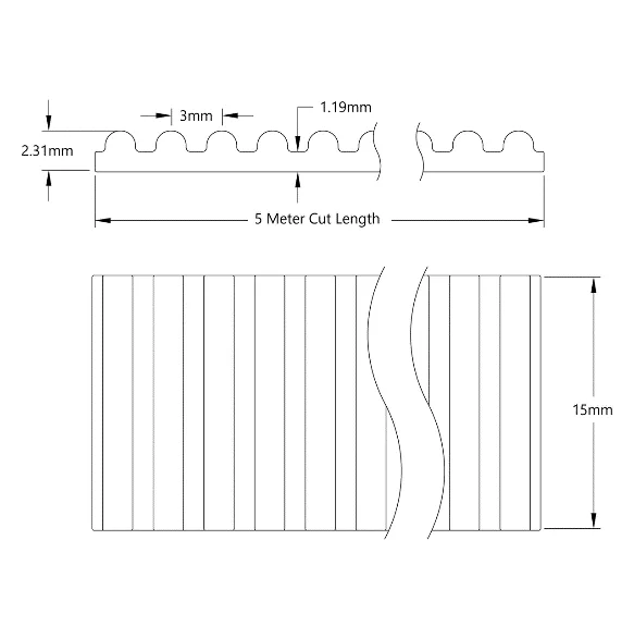 5406 Series 3mm HTD Pitch Timing Belt (15mm Width, 5 Meter Cut Length) technical drawing