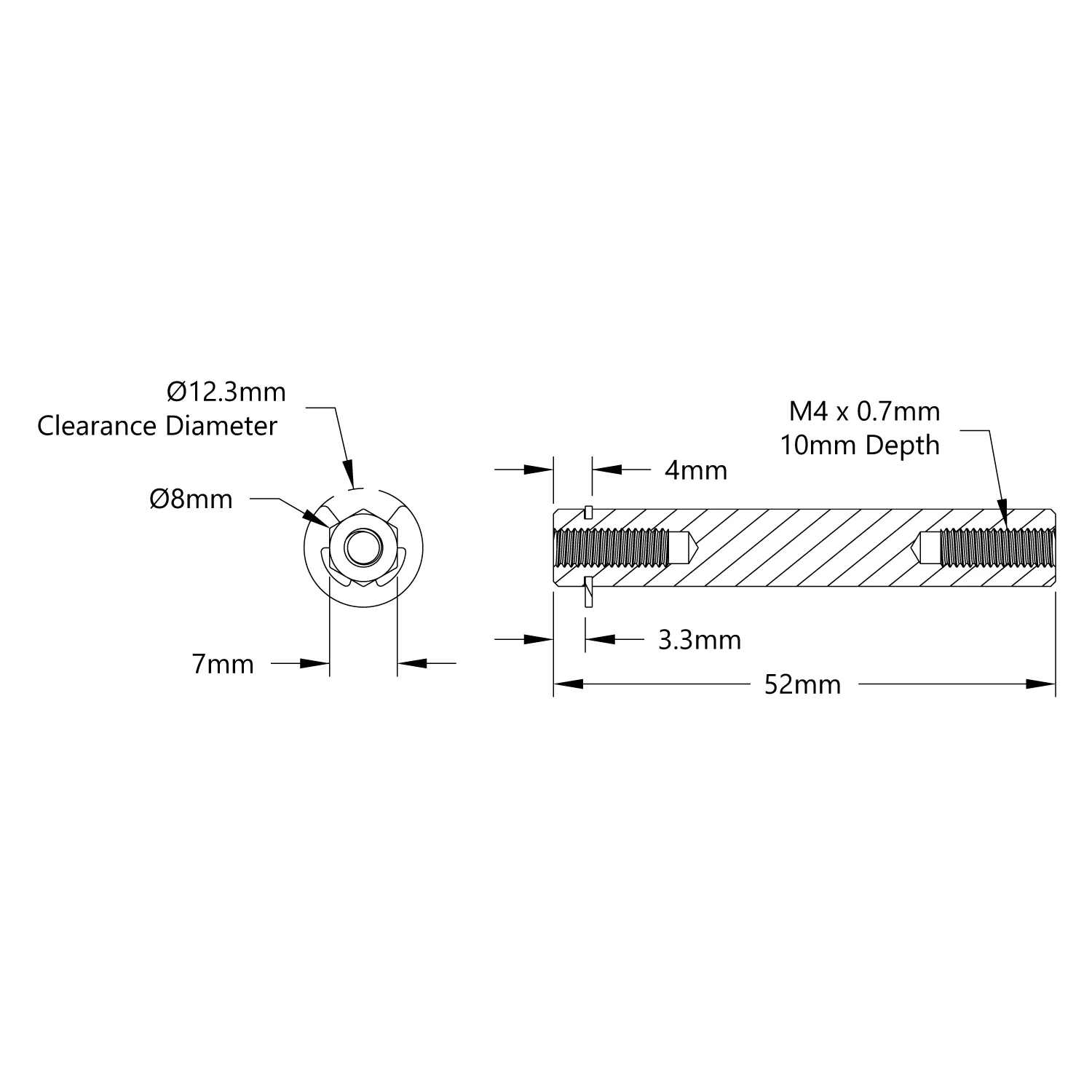 4106 Series Stainless Steel REX Shaft (8mm Diameter, 52mm Length) technical drawing