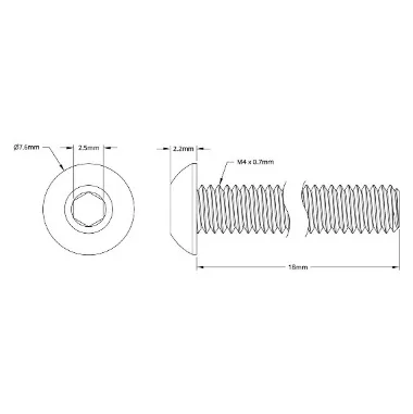 2802 Series Zinc-Plated Steel Button Head Screw (M4 x 0.7mm, 18mm Length) technical drawing
