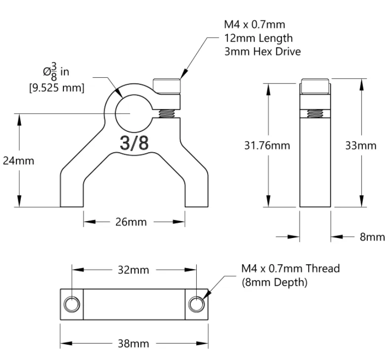 3400 Series 1-Side, 2-Post Clamping Mount (3/8" Bore) technical drawing