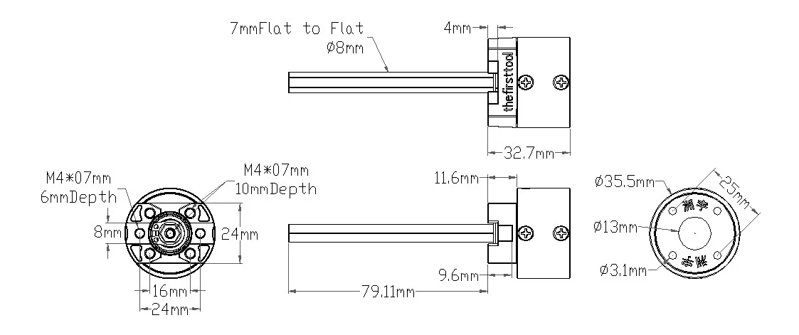 7104 Series Planetary Gearbox (5.2:1 Ratio, 80mm Length 8mm REX Shaft,) technical drawing
