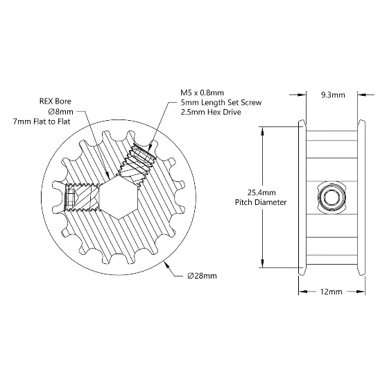5414 Series 5mm HTD Pitch Set Screw Pinion Timing Belt Pulley (8mm REX Bore, 16 Tooth) technical drawing