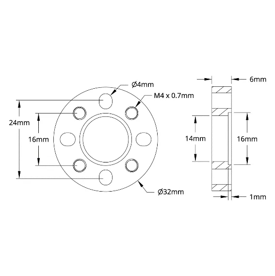 3504 Series 32mm OD Pattern Spacer (6mm Length) technical drawing