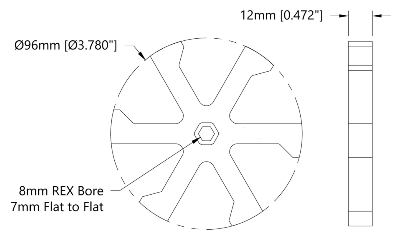 5615 Series Boot-Wheel (8mm REX Bore, 96mm Diameter, 30A Durometer) technical drawing