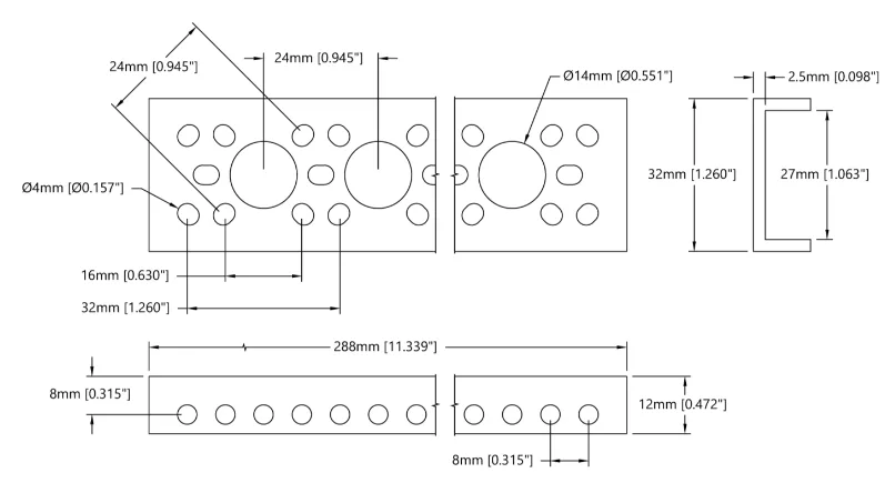 3143 Series Mini Low-Side U-Channel (11 Hole, 288mm Length) technical drawing