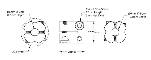 6007 Series Hyper Coupler (6mm D-Bore to 6mm D-Bore) technical drawing