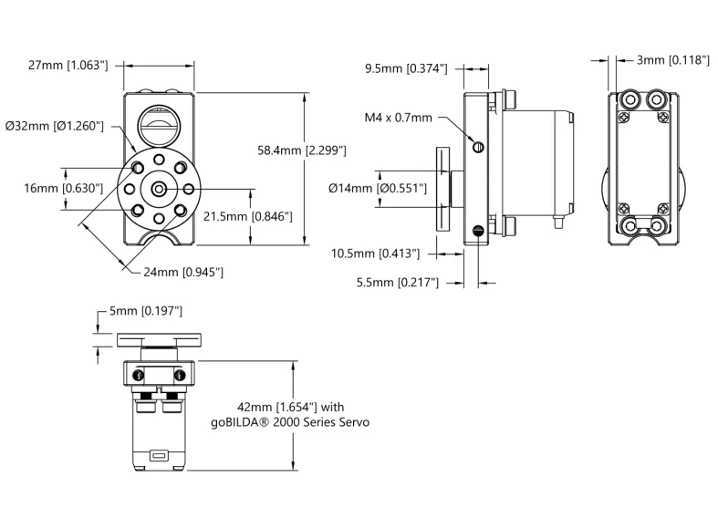 Compact ServoBlock™ (27mm Width, For Standard Size H25T Spline Servo, Hub-Shaft) technical drawing