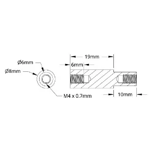 3503 Series M4 x 0.7mm Shoulder Standoff (6-8mm OD, 10-19mm Length) technical drawing