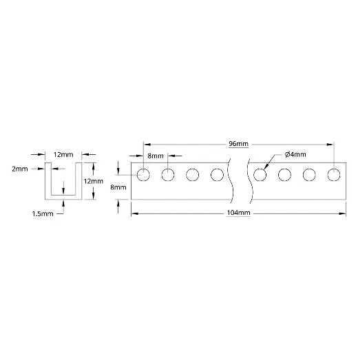 3101 Series U-Beam (13 Hole, 104mm Length) technical drawing