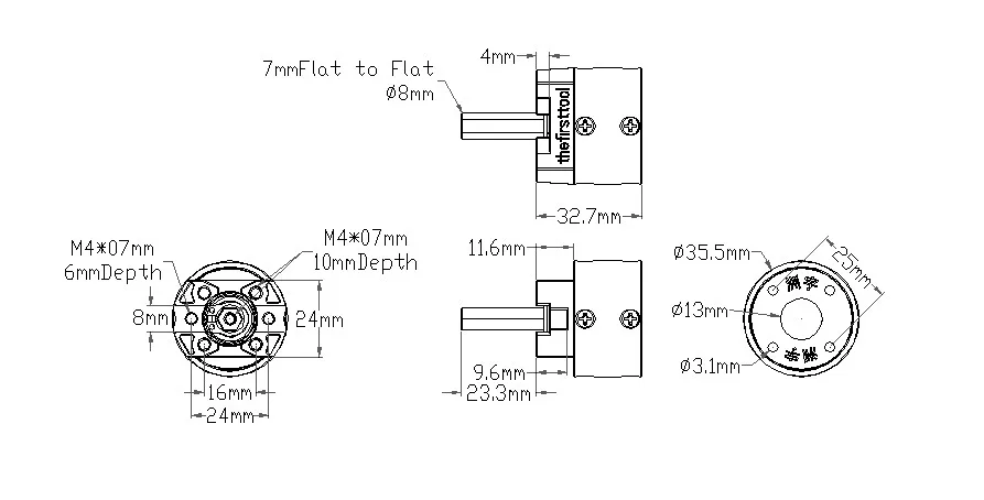 7103 Series Planetary Gearbox (5.2:1 Ratio, 24mm Length 8mm REX Shaft) technical drawing