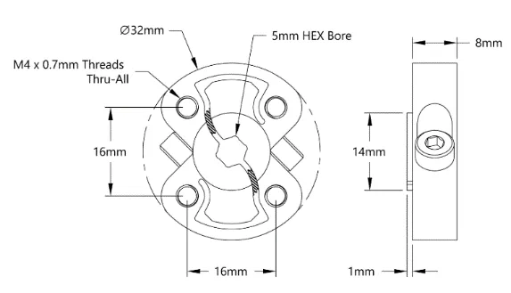 3309 Series Sonic Hub (5mm Hex Bore) technical drawing