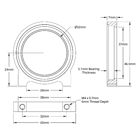 3602 Series 1-Side, 2-Post Pillow Block (32mm Bore) technical drawing