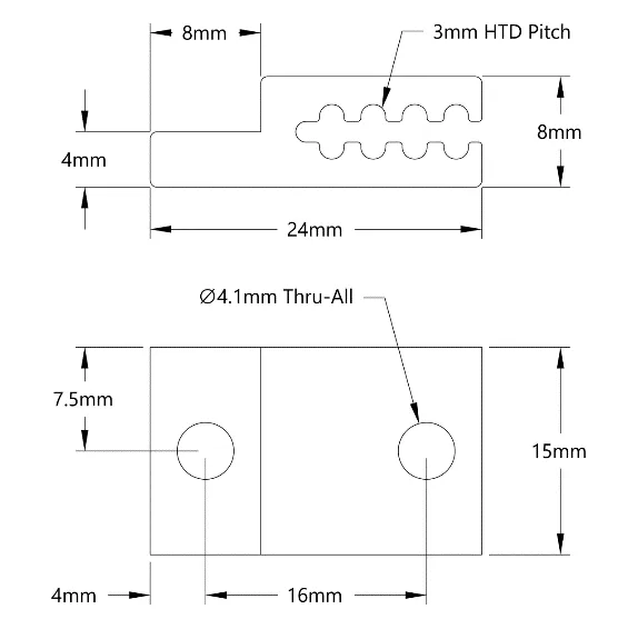 5409 Series 3mm HTD Pitch Timing Belt Clamp (1-1) - 2 Pack technical drawing