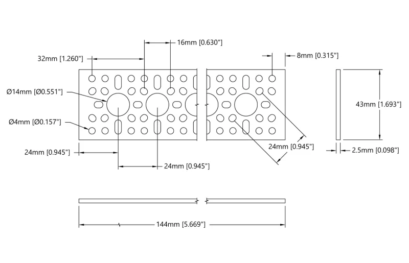 3123 Series Pattern Plate (1 x 5 Hole, 43 x 144mm) technical drawing