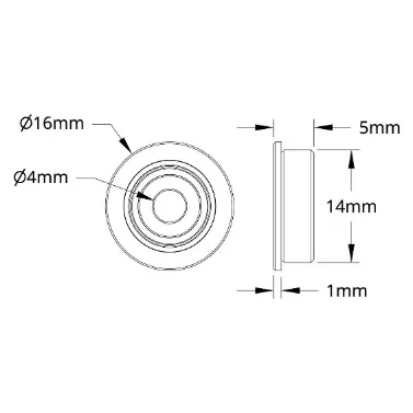 3601 Series Flanged Ball Bearing (4mm ID x 14mm OD, 5mm Thickness) technical drawing