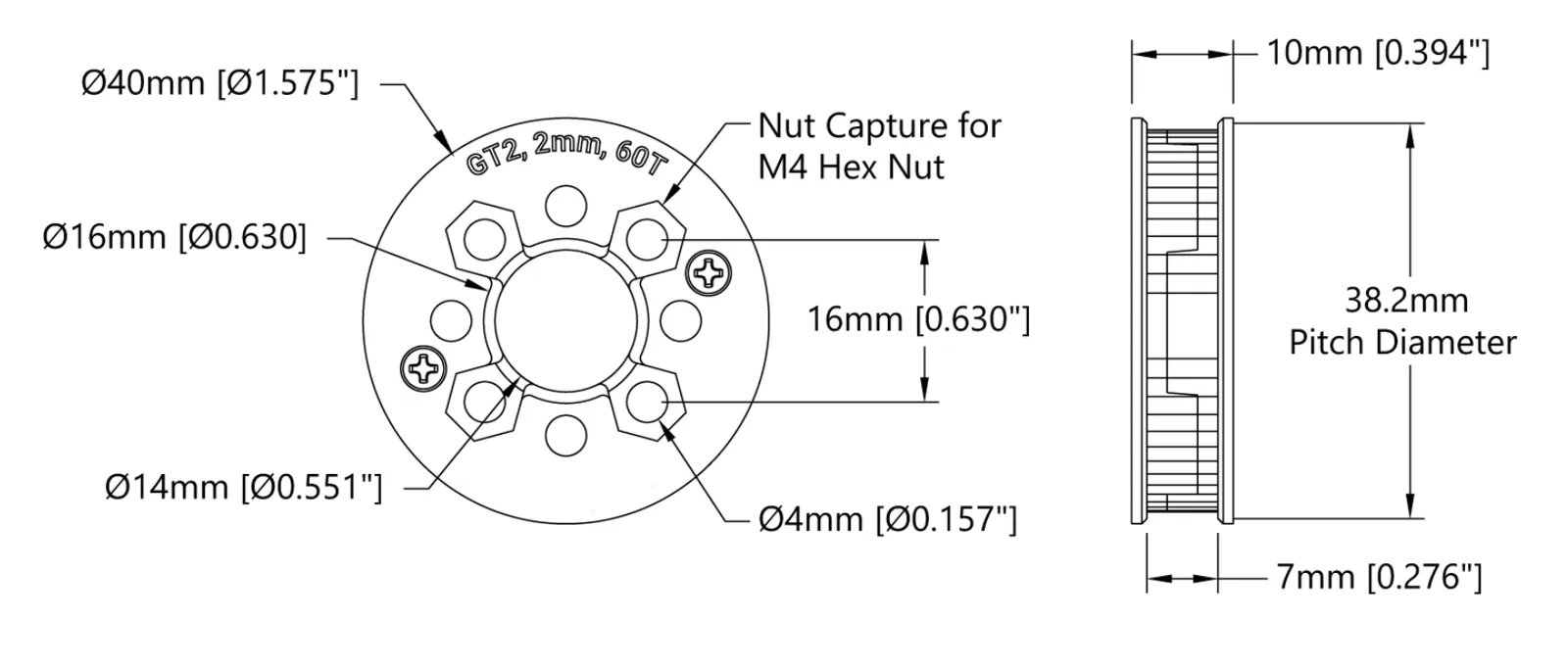 2mm Pitch GT2 Hub-Mount Timing Belt Pulley (14mm Bore, 60 Tooth)