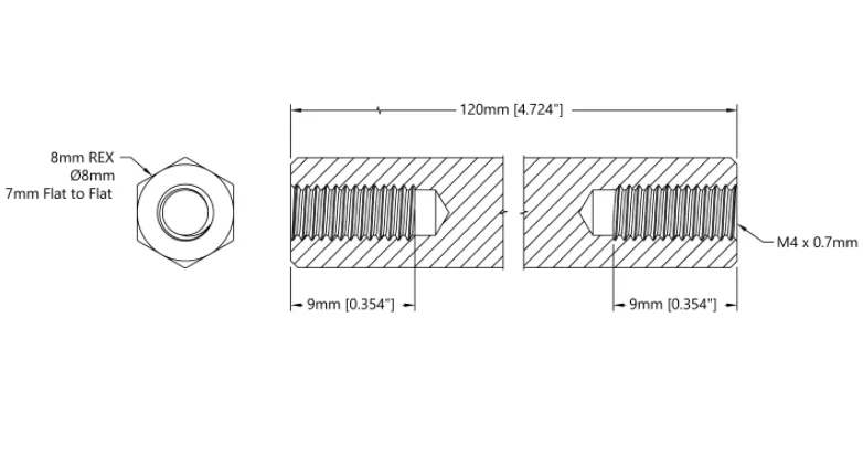 3516 Series 8mm REX Standoff (M4 x 0.7mm Threads, 120mm Length) - 4 Pack technical drawing
