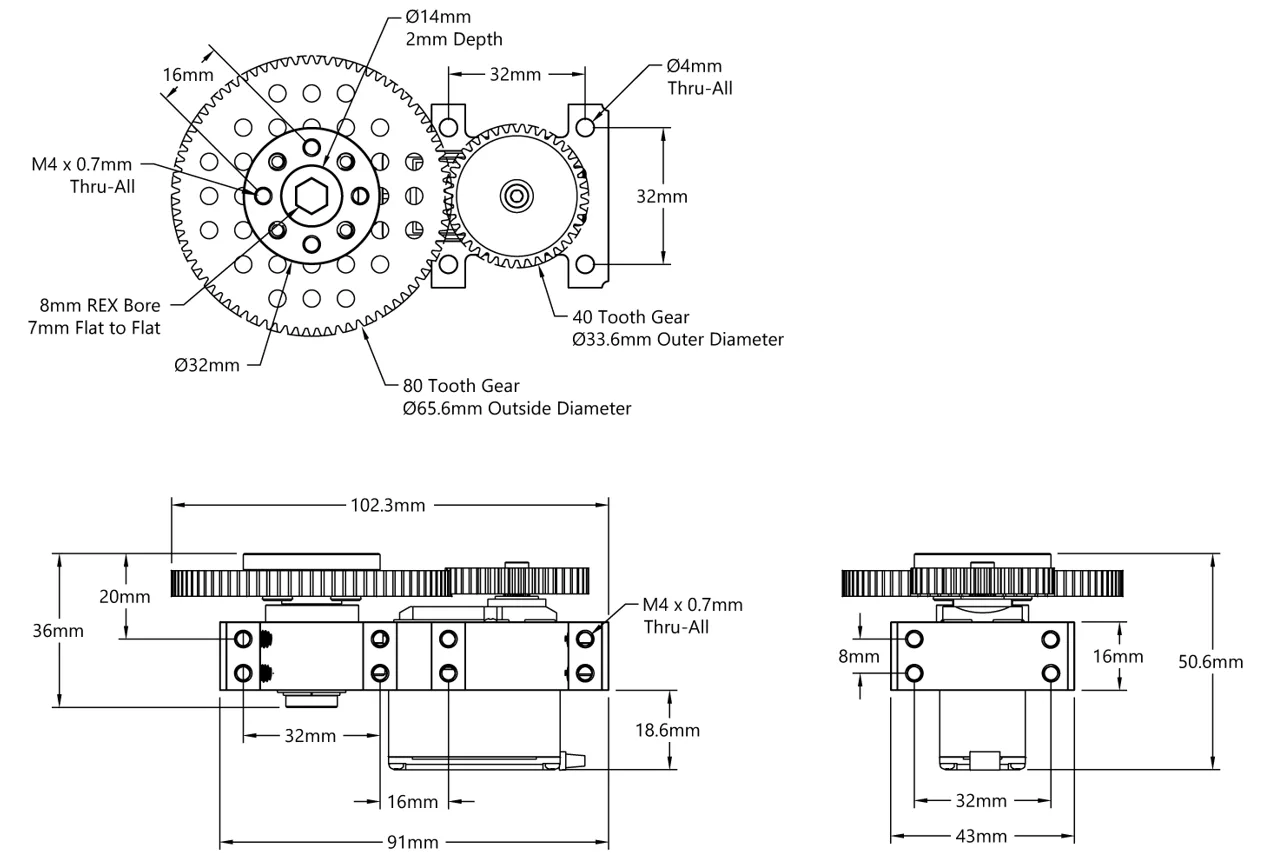Servo Gearbox for Standard Size Servos( 2:1 Ratio,no servo)