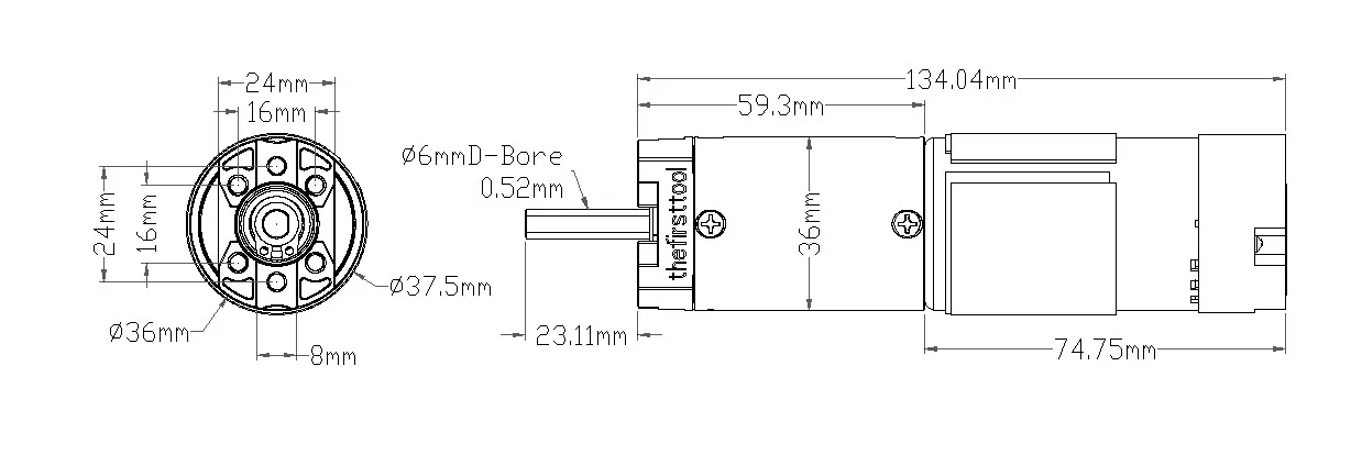 7202 Series Planetary Gear Motor (188:1 Ratio, 24mm Length 6mm D Shaft, 30 RPM, 3.3 - 5V Encoder) technical drawing