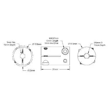6006 Series Hyper Coupler (6mm D-Bore to 5mm Hex Bore) technical drawing