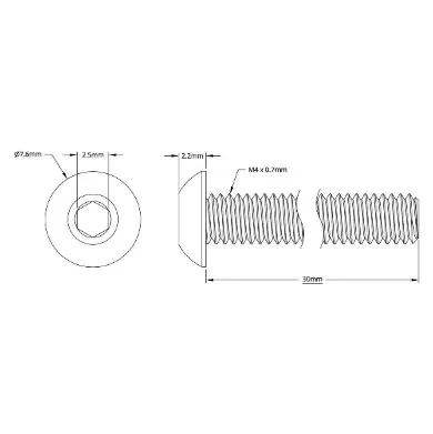 2802 Series Zinc-Plated Steel Button Head Screw (M4 x 0.7mm, 30mm Length) technical drawing