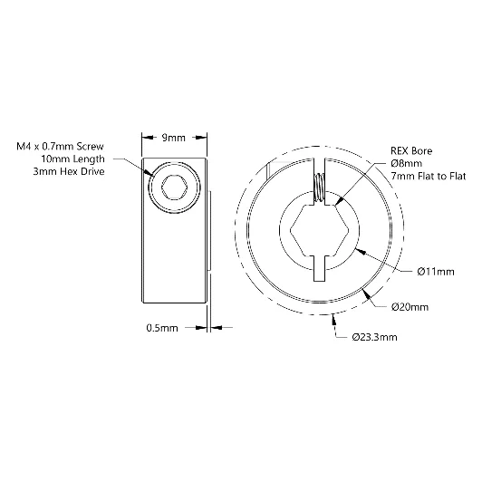 4910 Series Aluminum Clamping Collar (8mm REX ID x 20mm OD, 9mm Length) technical drawing