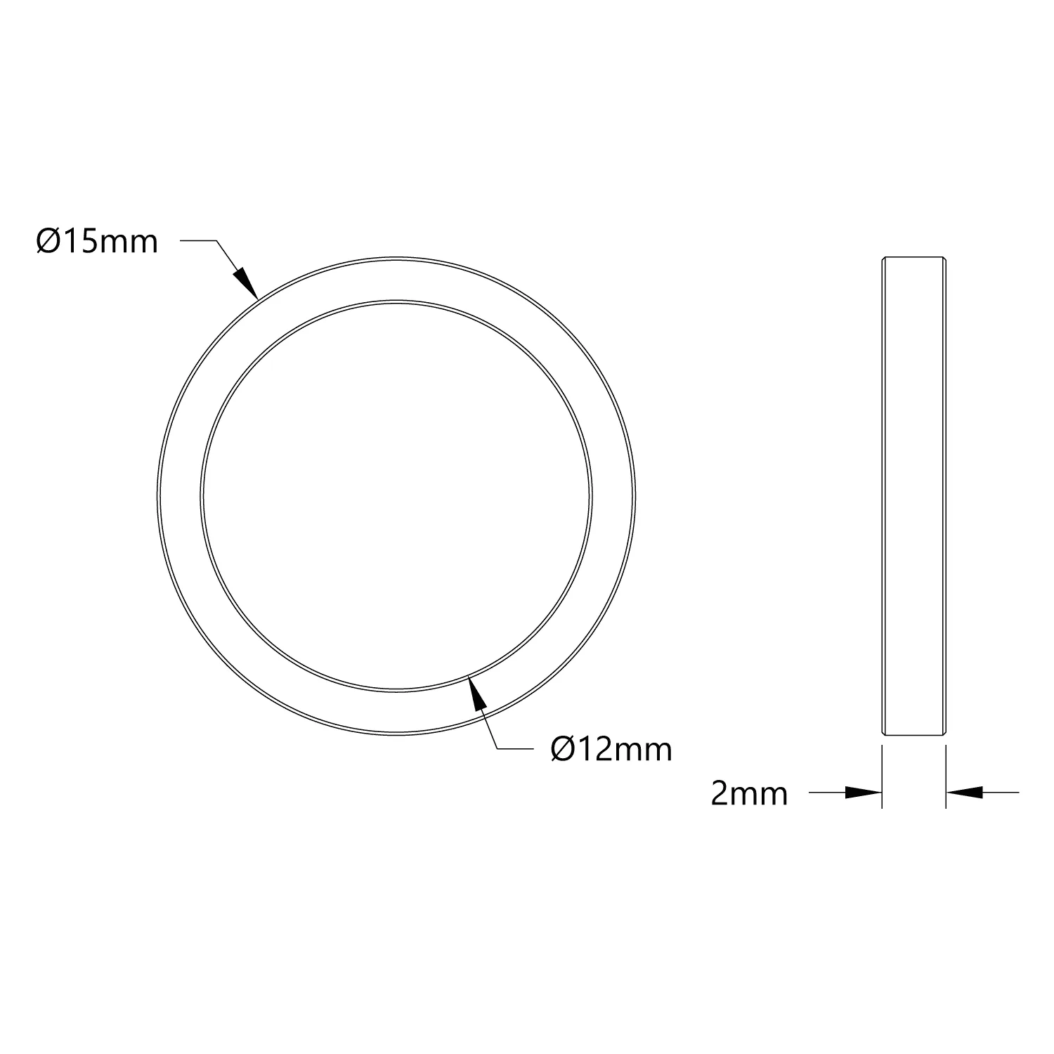 12mm ID Steel Spacer (15mm OD, 2mm Length) - 4 Pack technical drawing