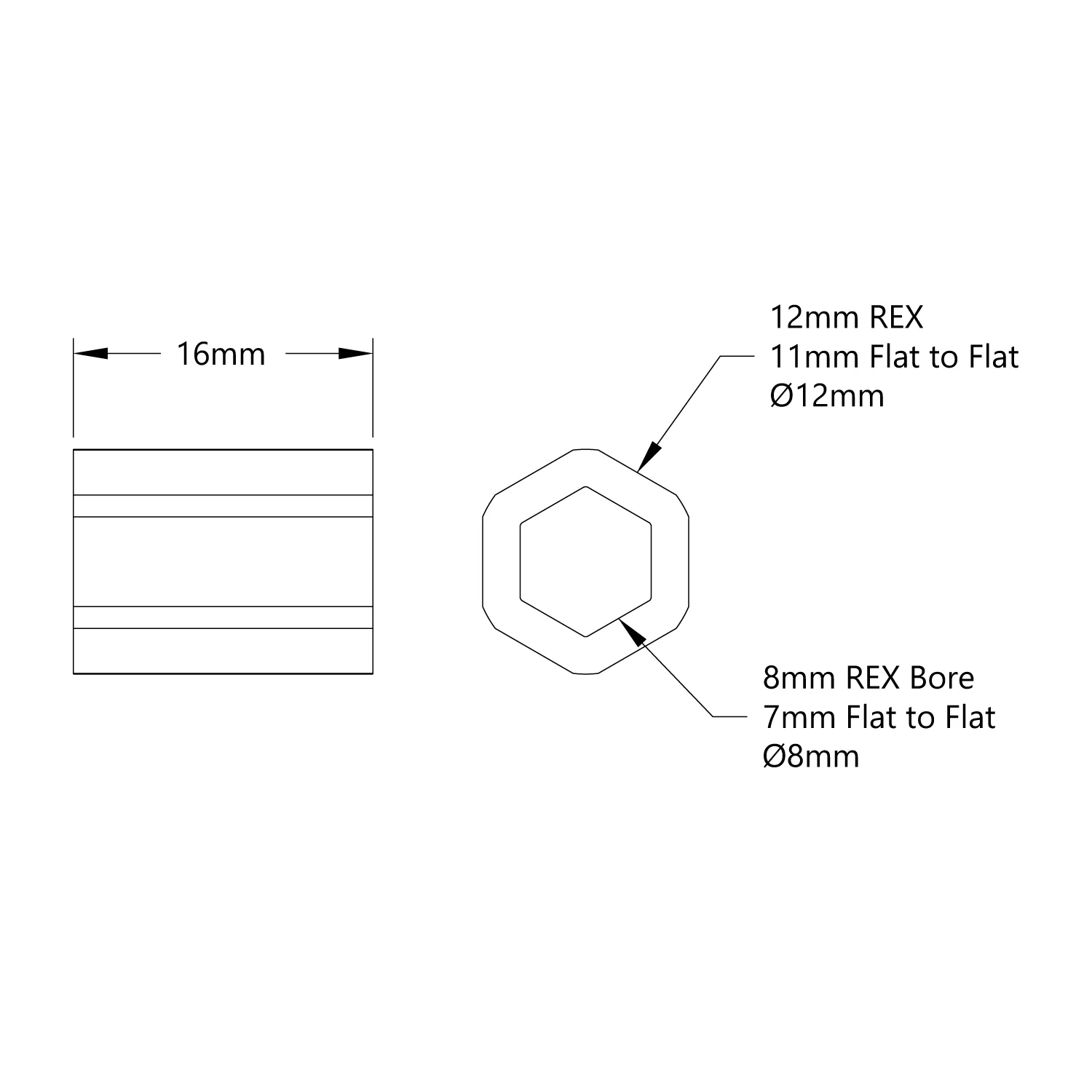 8mm REX Plastic Spacer (12mm REX OD, 16mm Length) - 12 Pack technical drawing